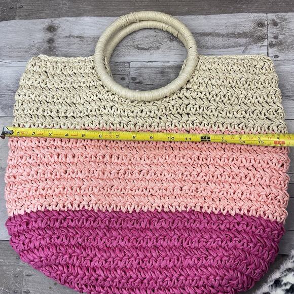 Talbots Woven Straw Tote Hand Bag Tric-Color Tan Pink Cranberry - Picture 11 of 13